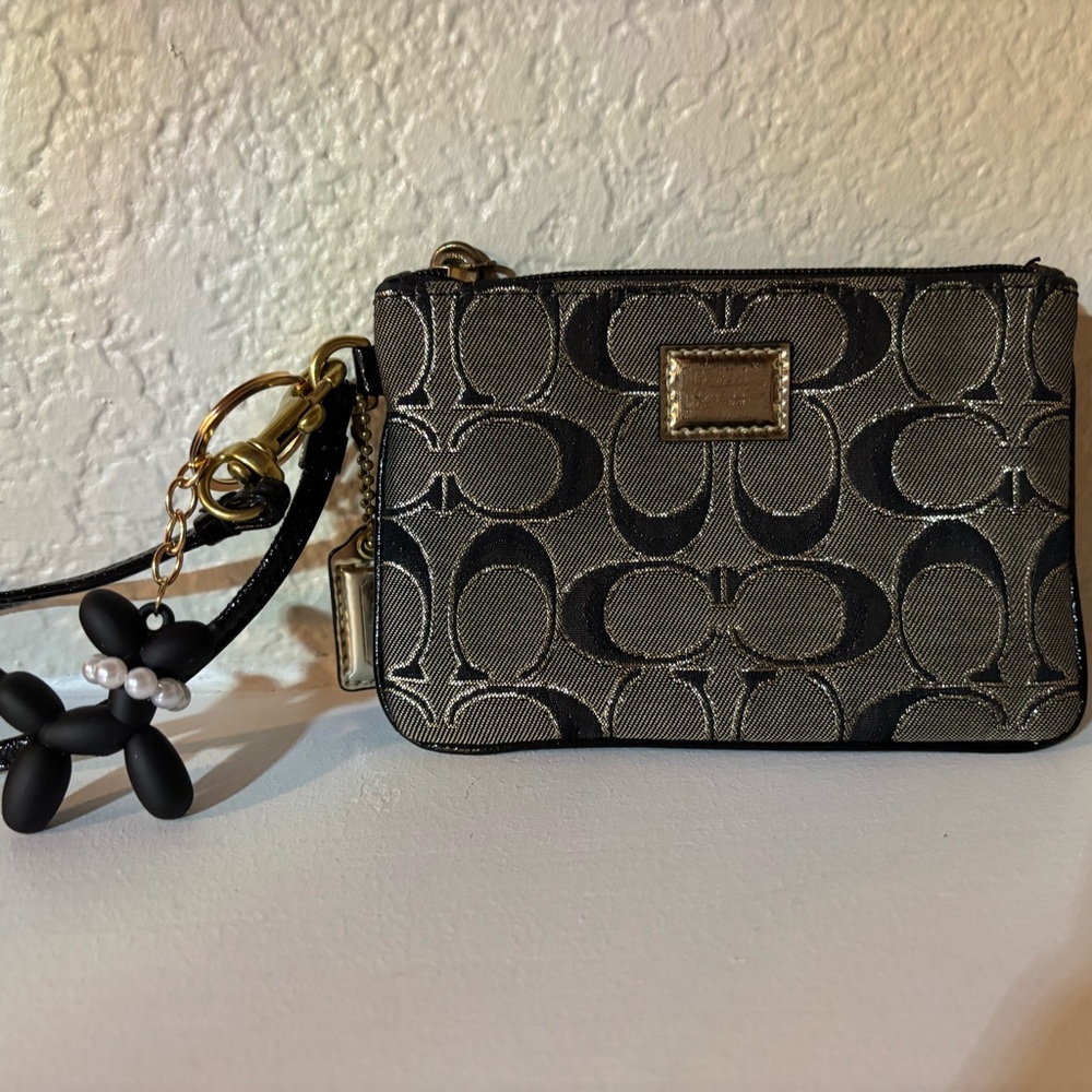 Coach Black and Gold Signature Wristlet with Puppy Keychain/Bag Charm